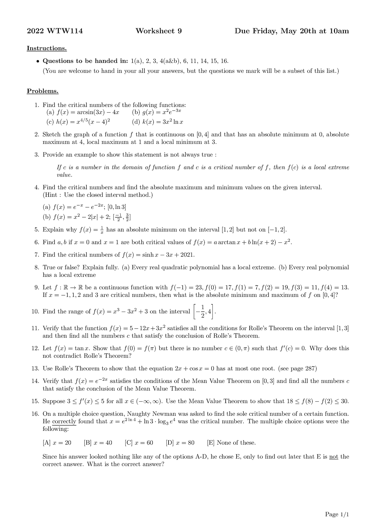 Worksheet 9 - 2022 WTW114 Worksheet 9 Due Friday, May 20th at 10am ...