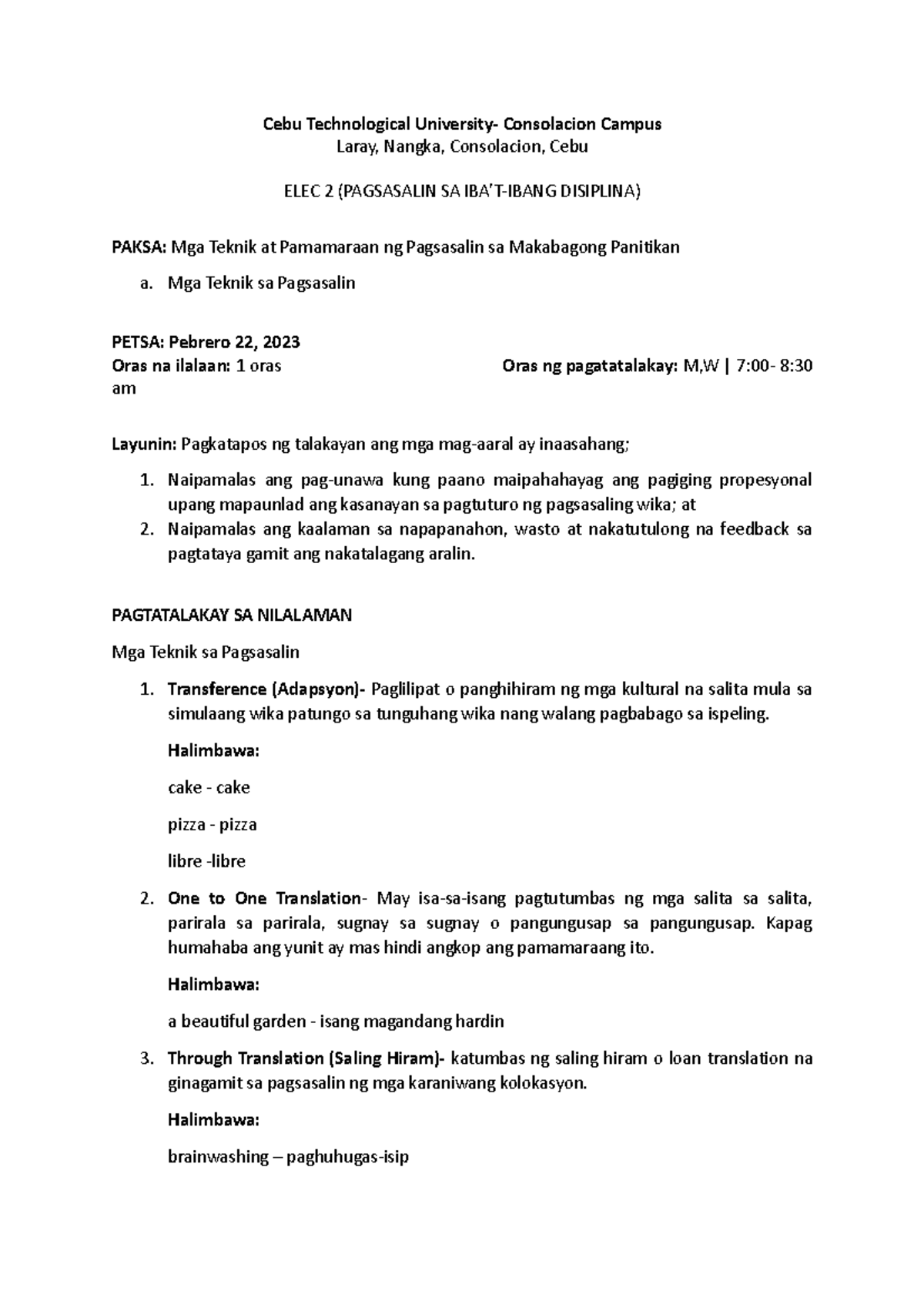 Mga Teknik At Pamamaraan Ng Pagsasalin Sa Makabagong Panitikan- Notes ...