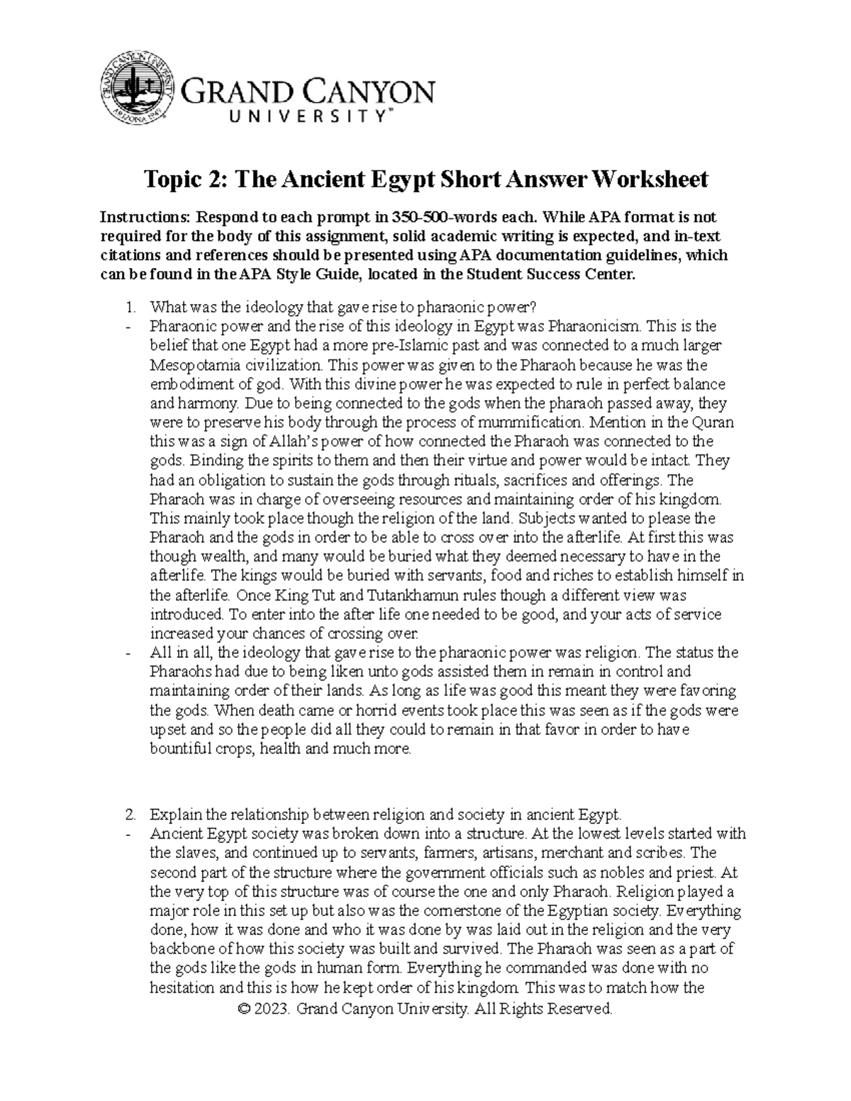 HIS-325 T2 The Ancient Egypt Worksheet Complete - Topic 2: The Ancient ...