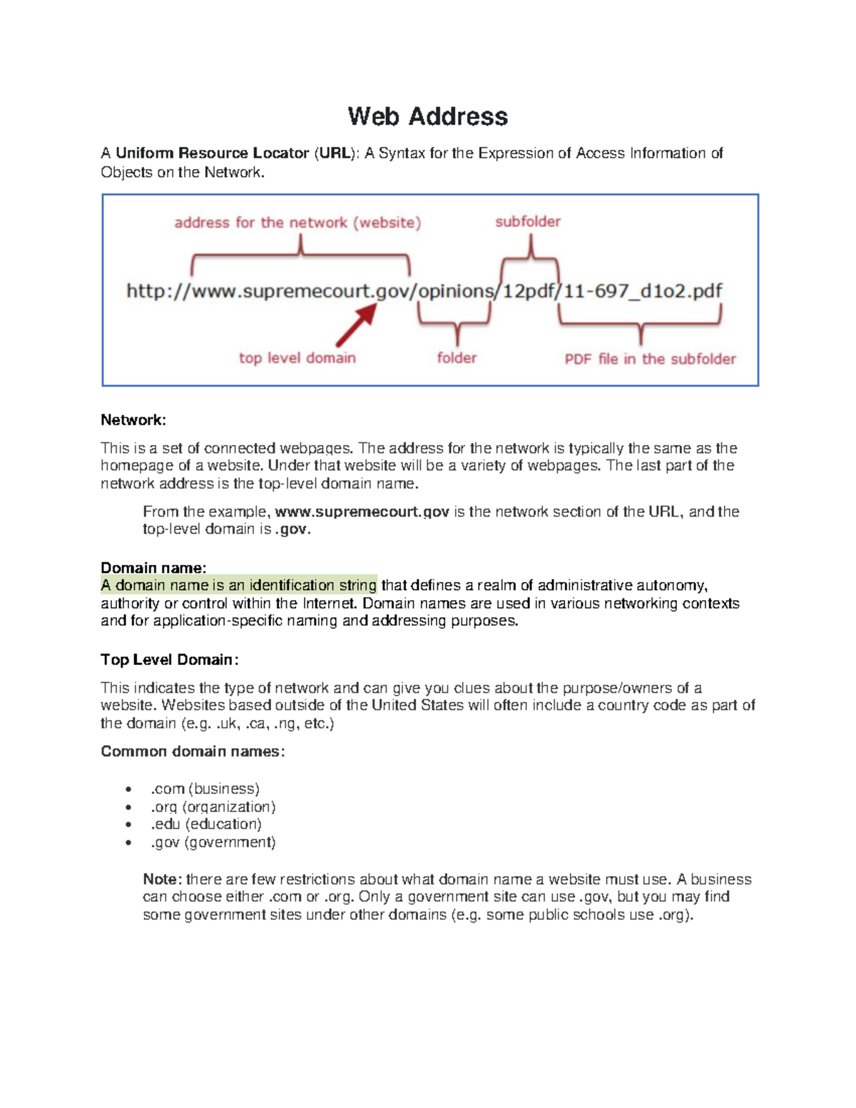 Web Address - Network: This is a set of connected webpages. The address ...