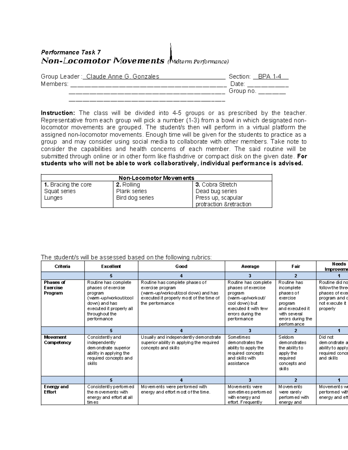 Gonnzales Chapter 5 Answer - Performance Task 7 Non-Locomotor Movements ...