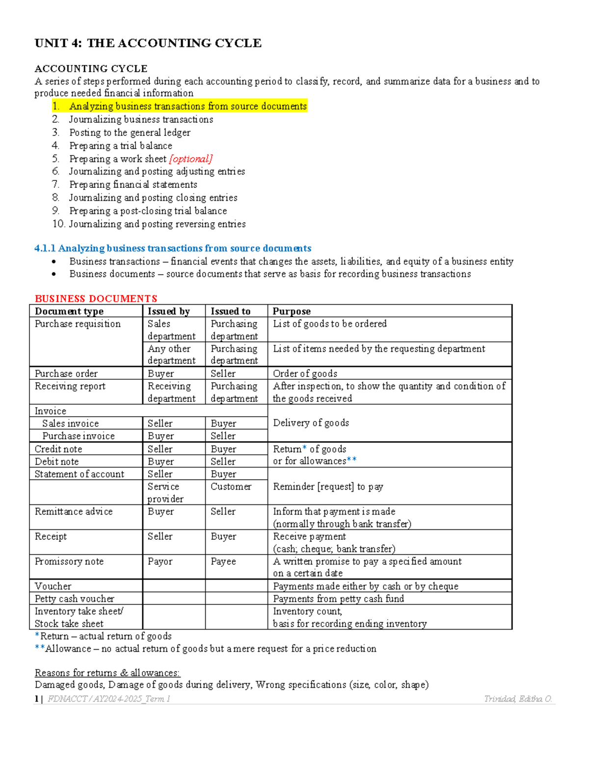 F Dnacct Unit 4.1 Analyzing business transactions Study Guide - 1 ...