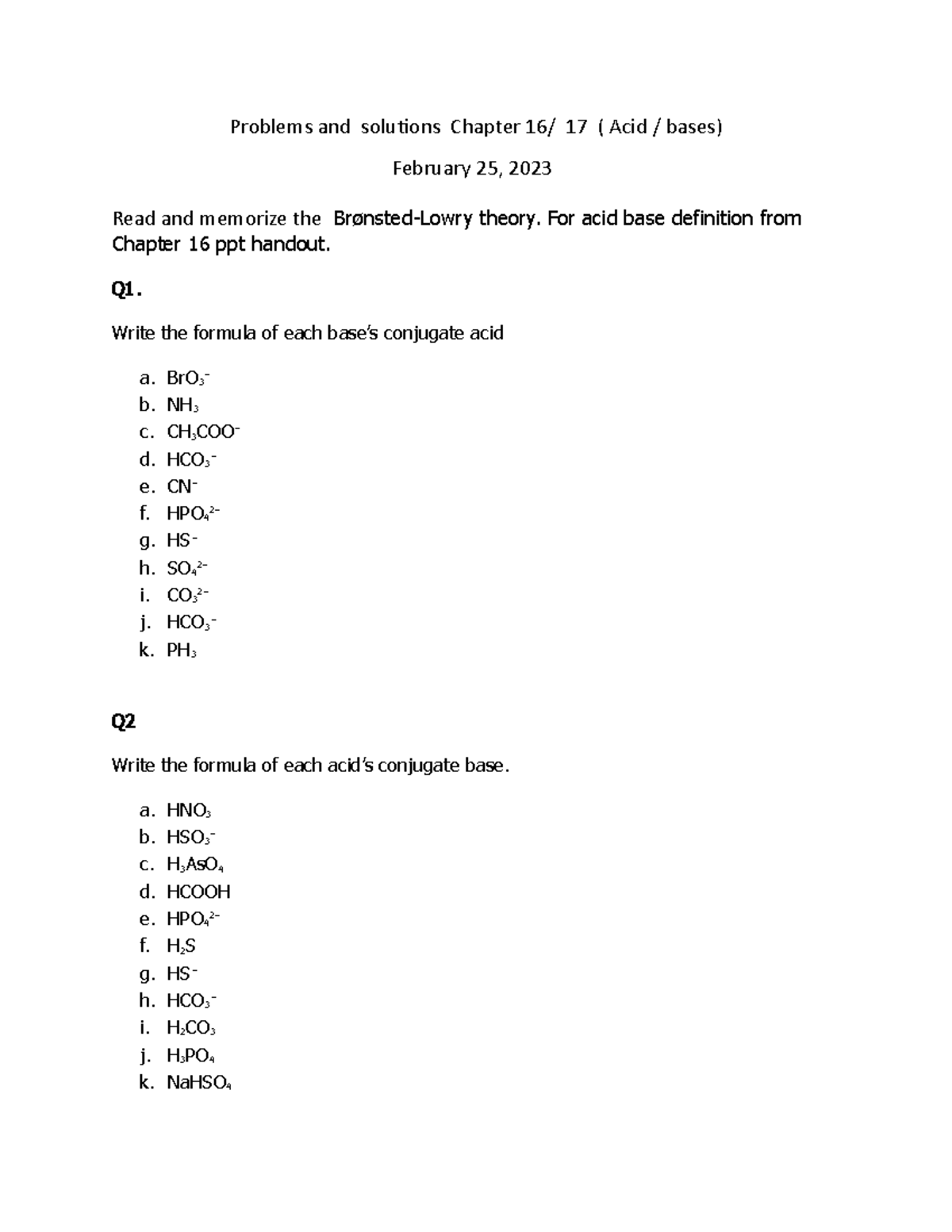 Acid Bases Problems Practise 22523 - Problems And Solutions Chapter 16  