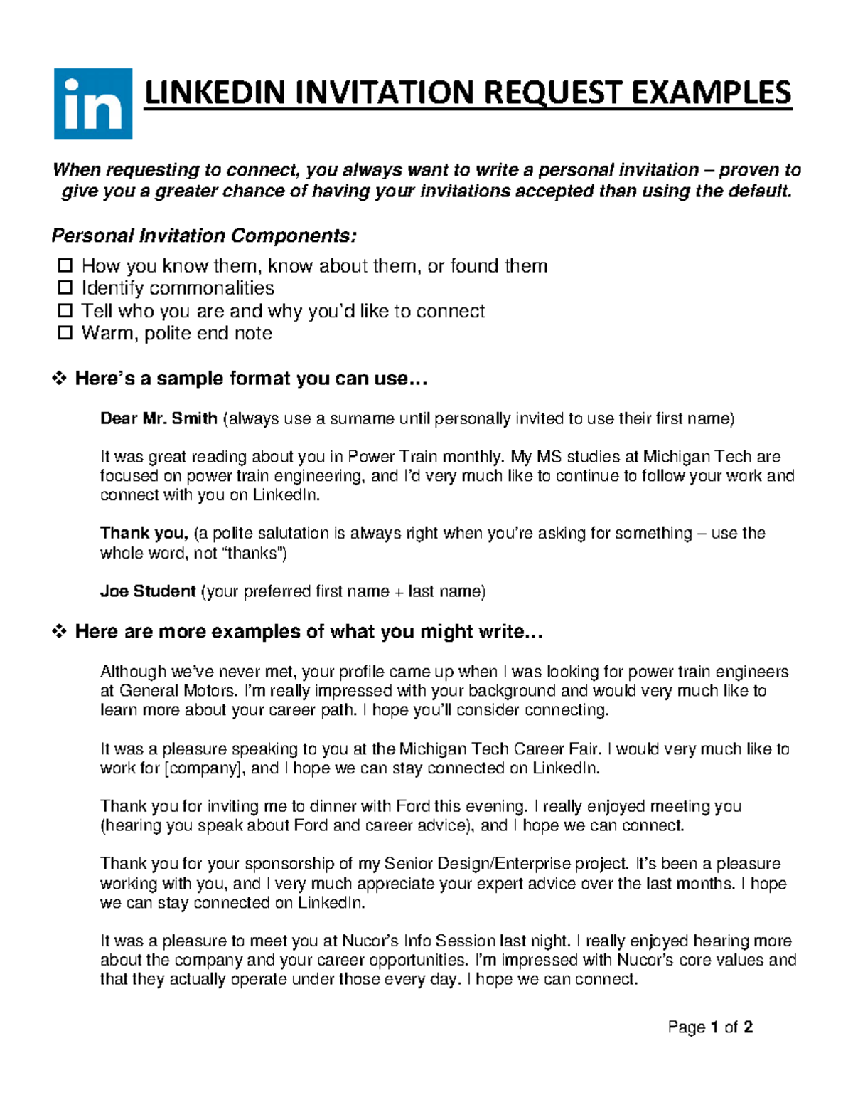 Linkedin Invitation Templates - Page 1 Of 2 LINKEDIN INVITATION REQUEST ...