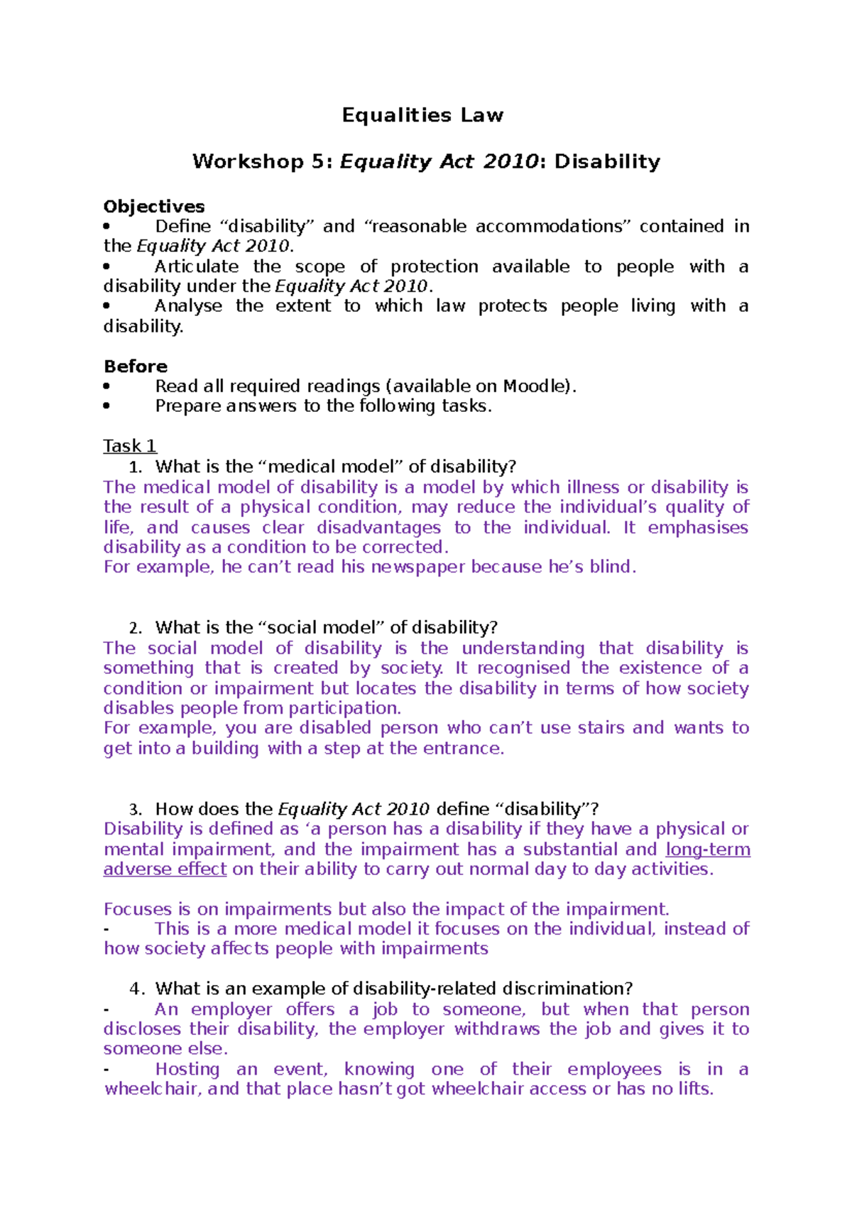 Workshop Outline Disability - Equalities Law Workshop 5: Equality Act ...