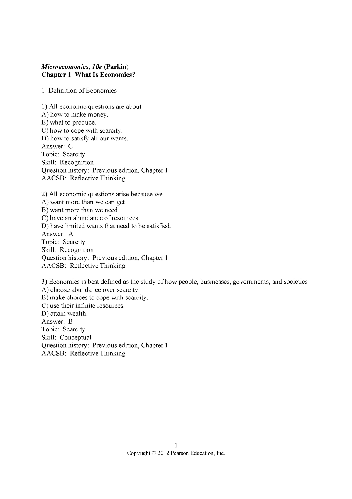 Chapter 1 Test Bank Tenth Edition Parkin - 1 Microeconomics, 10e ...