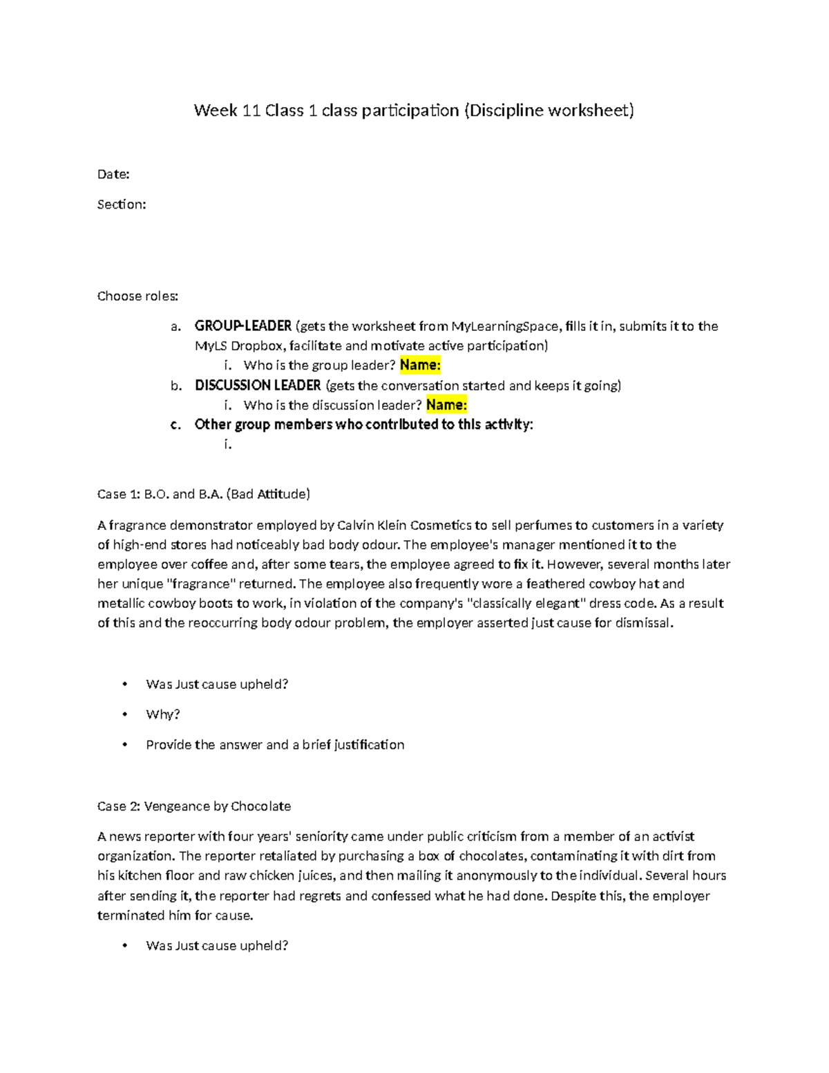 Discipline worksheet - class lecture work sheet - Week 11 Class 1 class ...