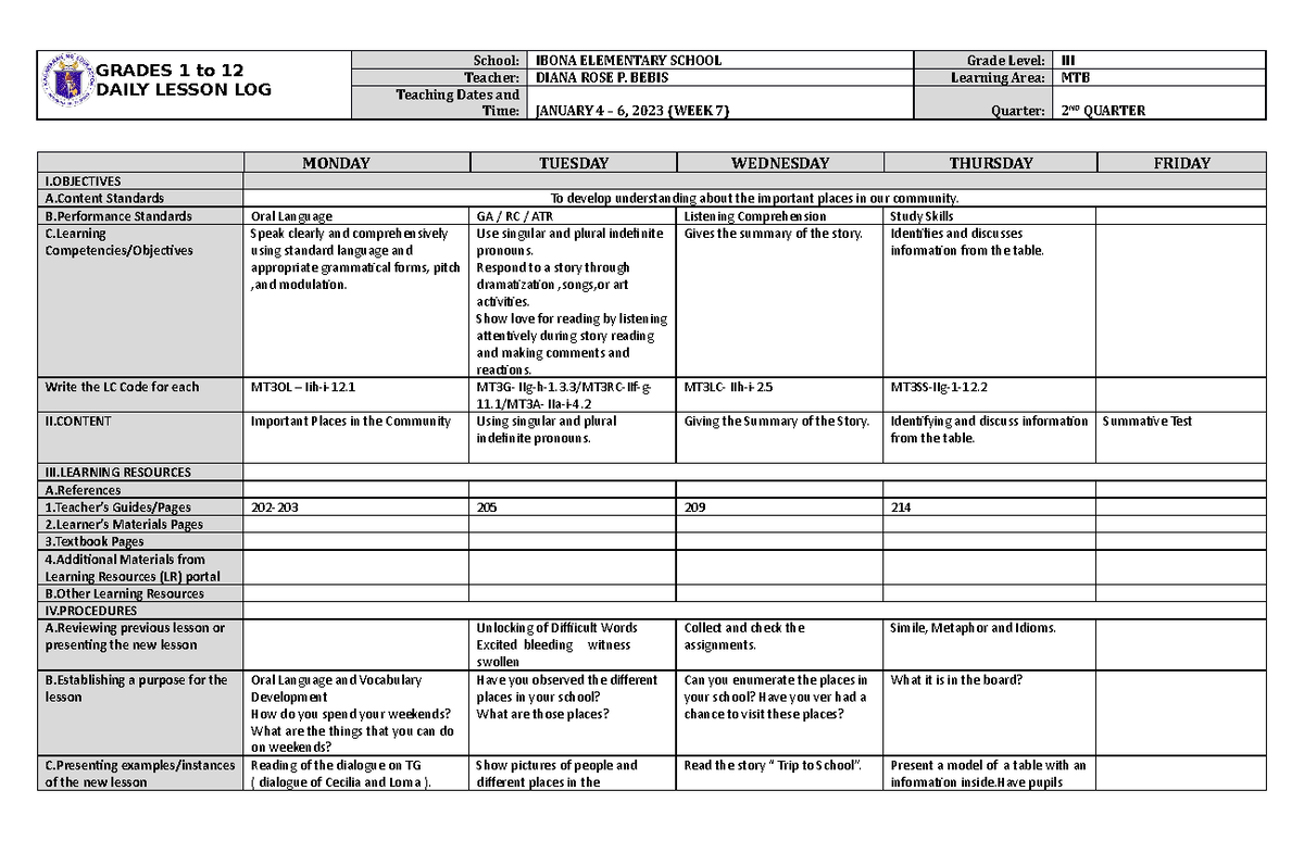 DLL MTB 3 Q2 W7 - PROF. DELA CRUZ - GRADES 1 to 12 DAILY LESSON LOG ...