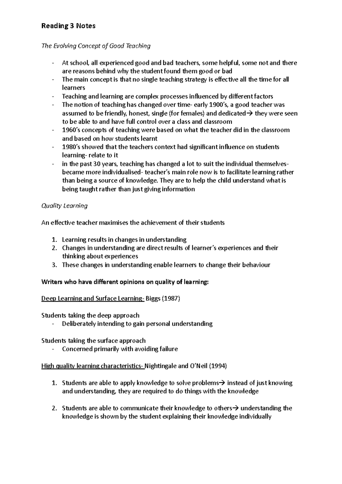 Reading 3 Notes - The Evolving Concept of Good Teaching At school, all ...