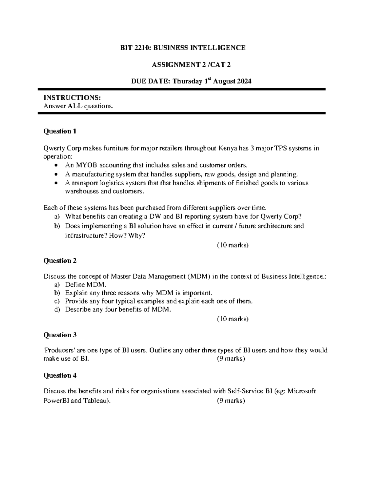 BIT 2210 CAT2 JULY Business Intelligence - BIT 2210: BUSINESS ...