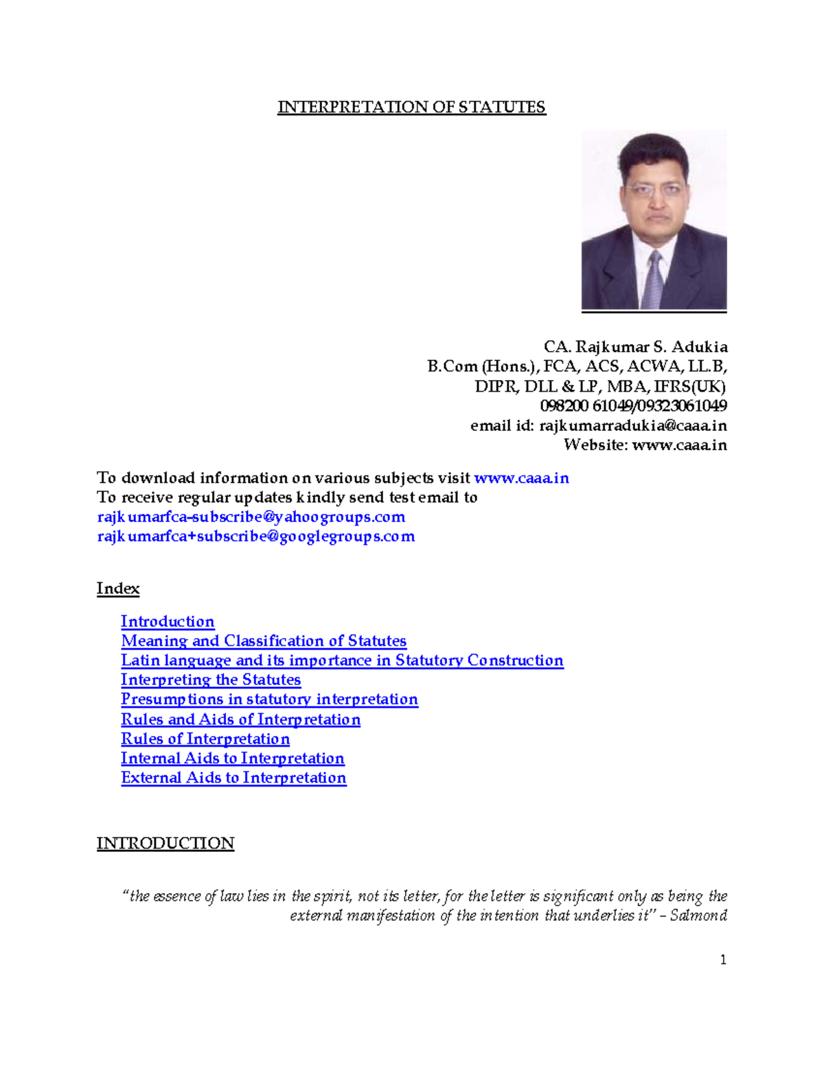 Interpretation of Statutes Introduction Meaning and Classification of