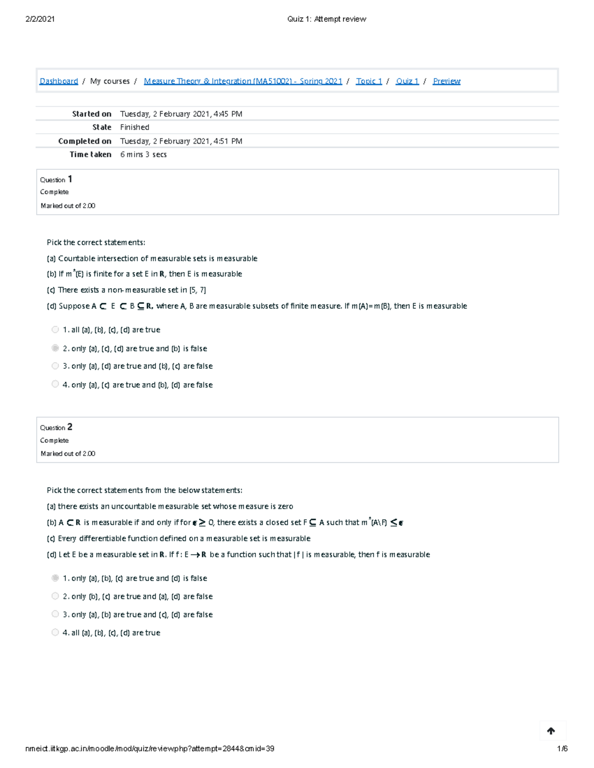 MT Quiz 1 key Measure theory and Integration notes and examples