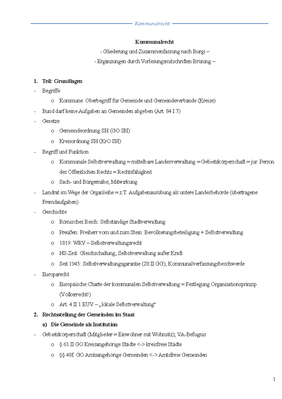 Kommunalrecht - Wintersemester - Kommunalrecht Gliederung und ...