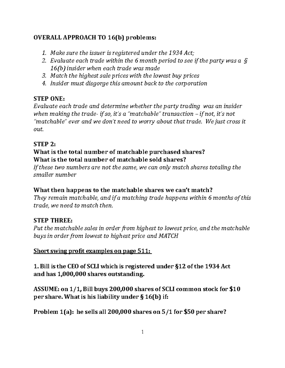 Short swing profit examples OVERALL APPROACH TO 16(b) problems Make