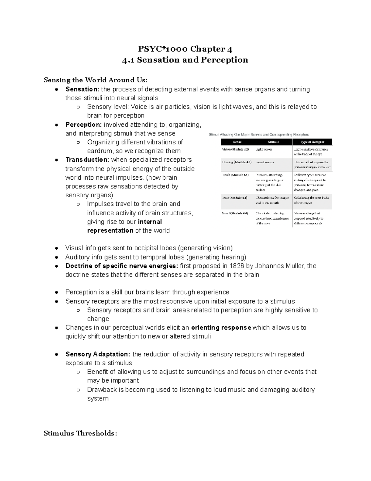 PSYC 1000 Chapter 4 Textbook Notes - PSYC*1000 Chapter 4 4 Sensation ...