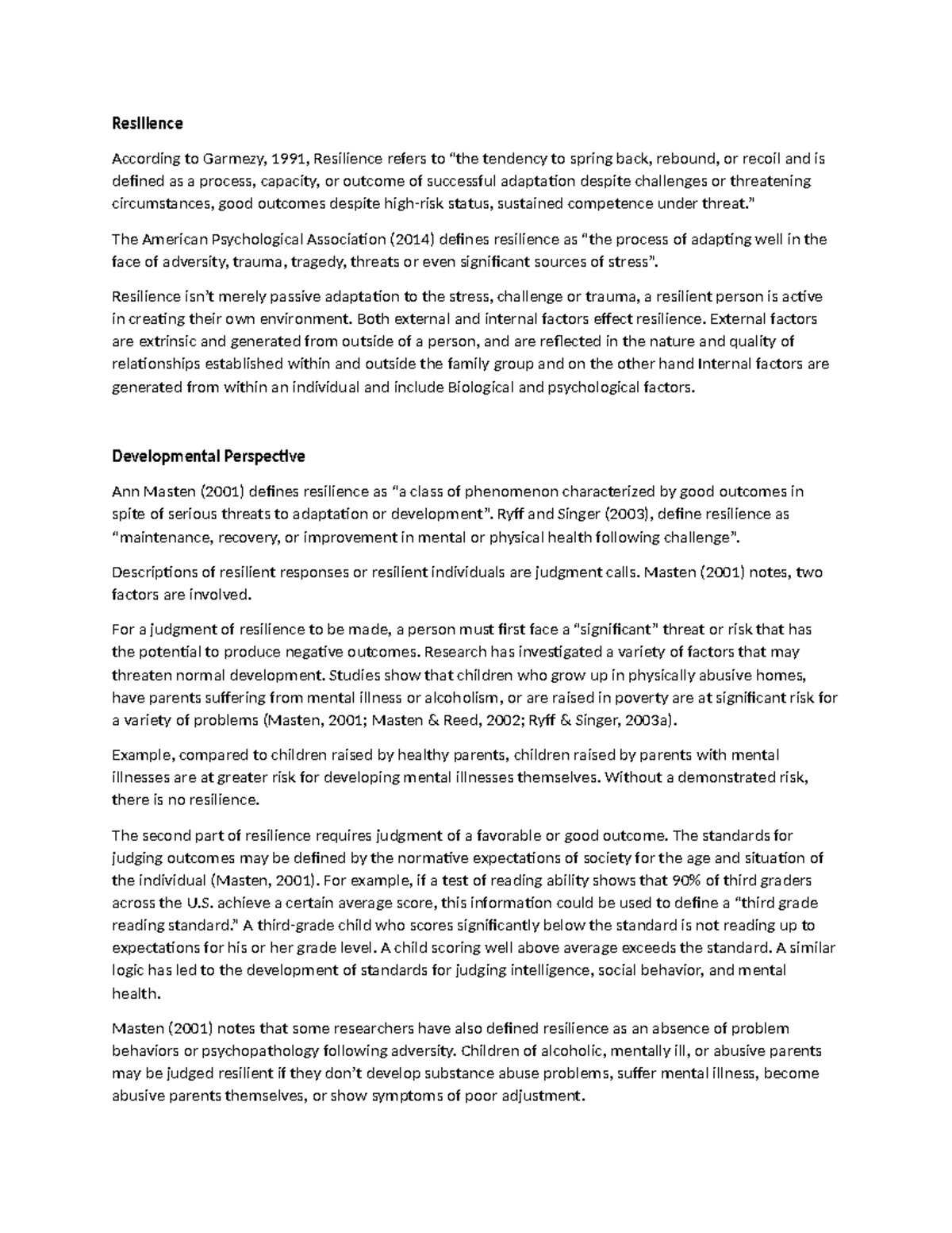 Resilience note - Resilience According to Garmezy, 1991, Resilience ...