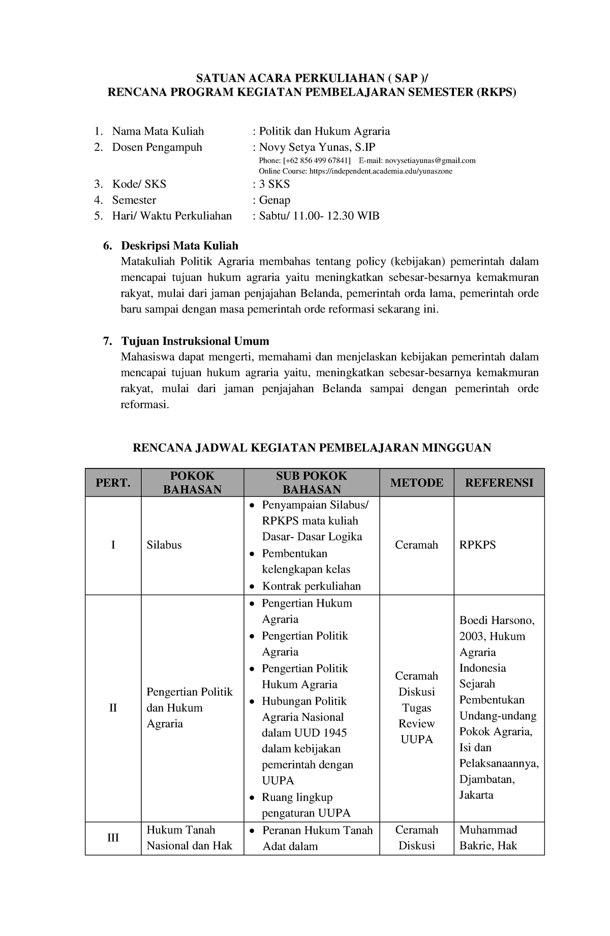 Politik And Hukum Agraria 1 Rpkps Dan S - SATUAN ACARA PERKULIAHAN ...