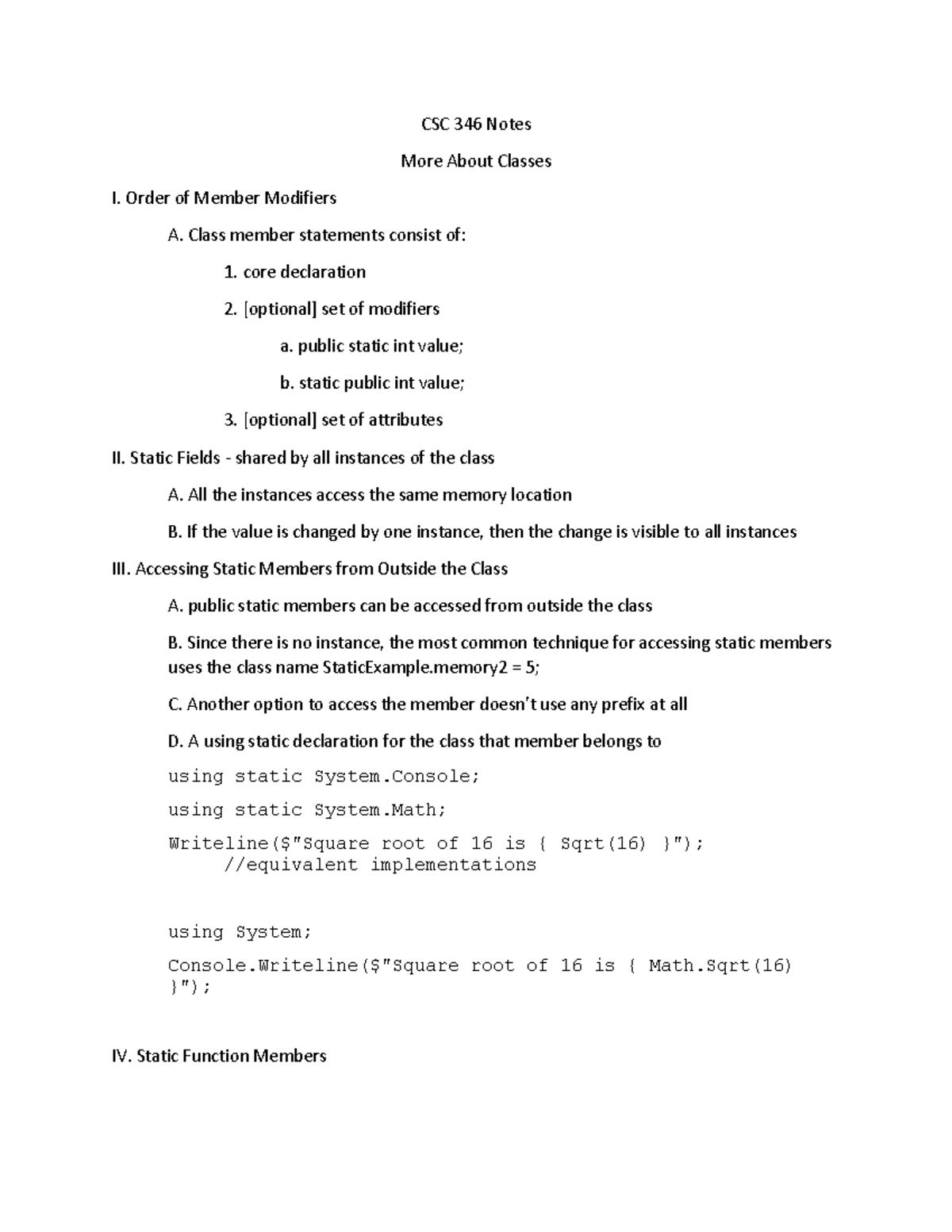 CSC 346 Notes - More on Classes - CSC 346 Notes More About Classes I ...