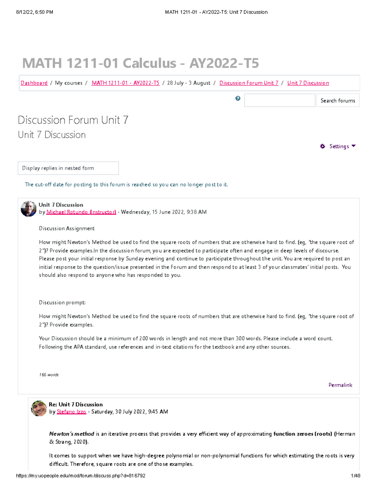 MATH 1211-01 - AY2022-T5 Unit 7 Discussion - MATH 1211-01 Calculus ...