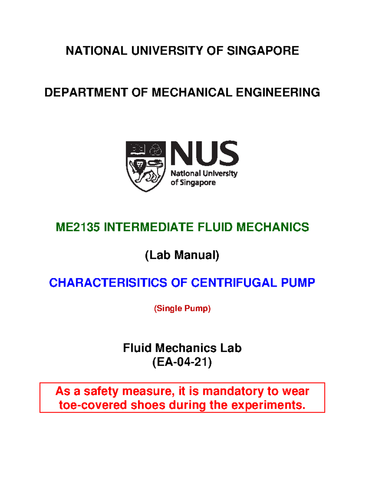 ME2135-Lab Manual (Characteristics of Centrifugal Pump) - NATIONAL ...