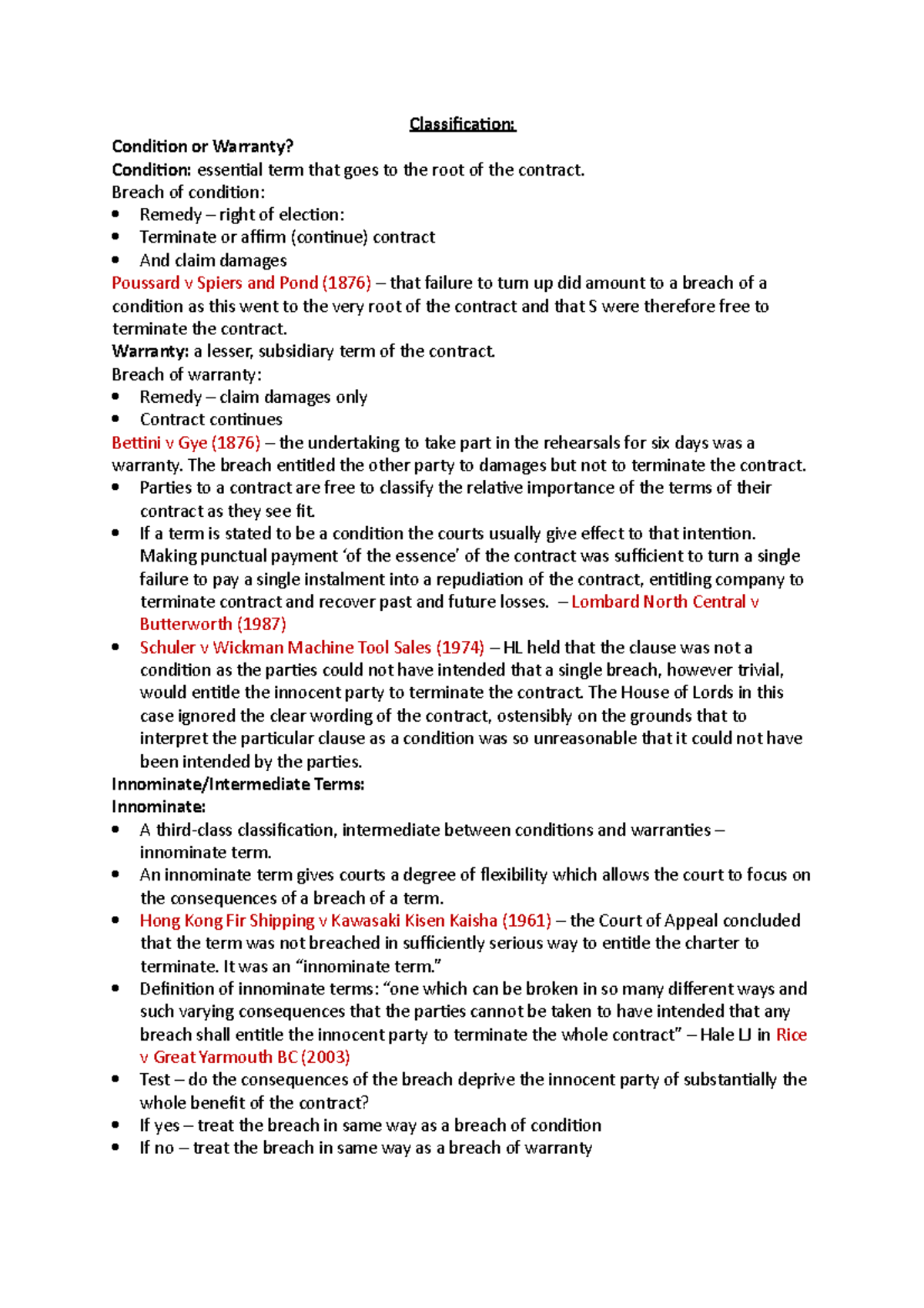 Contract Law Condition or Warranty Classification Condition or