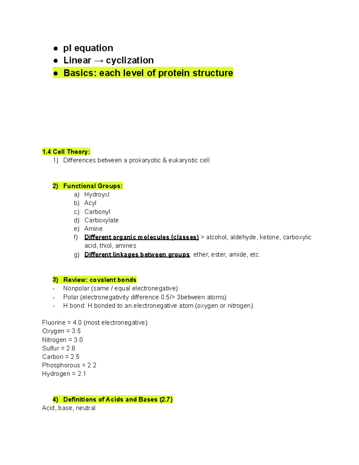 EXAM 1 review lecture notes pI equation Linear → cyclization Basics