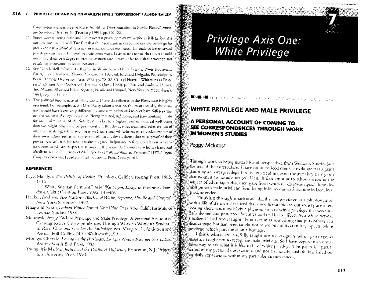 Mc Intosh White Privilege and Male Privilege - PSYCH 1000 - Studocu