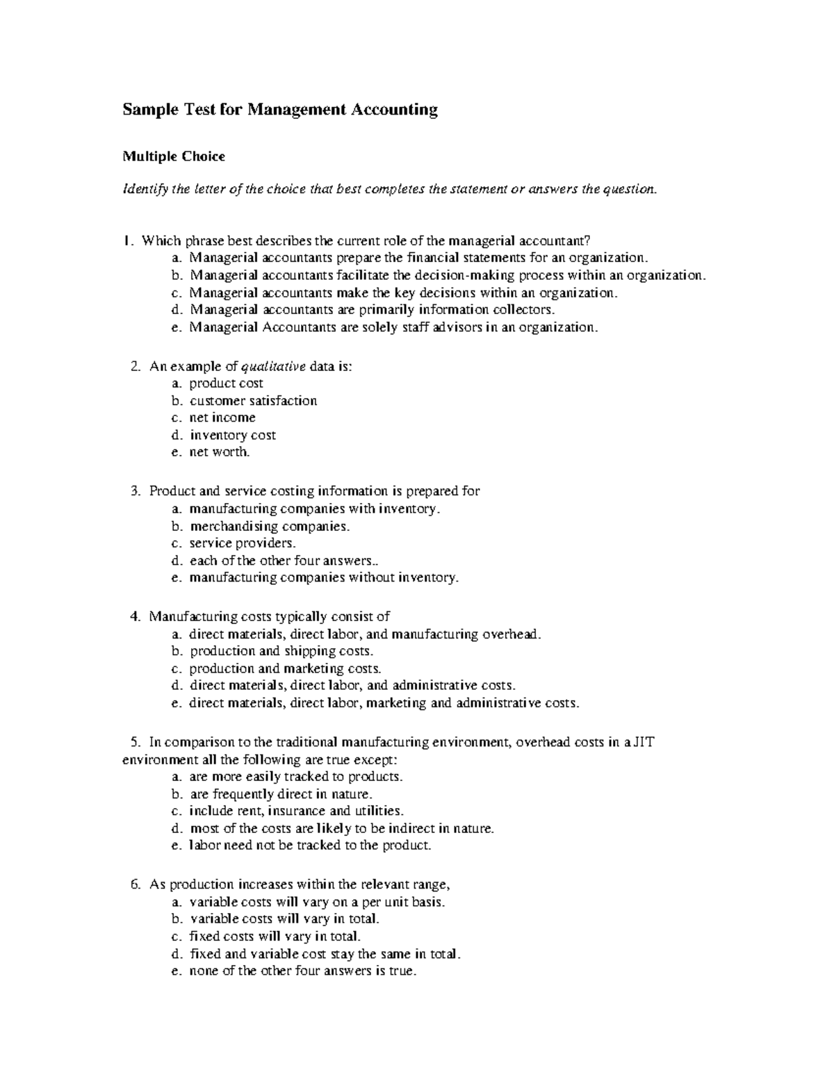 Managerialquiz - Sample test from the internet - Sample Test for ...