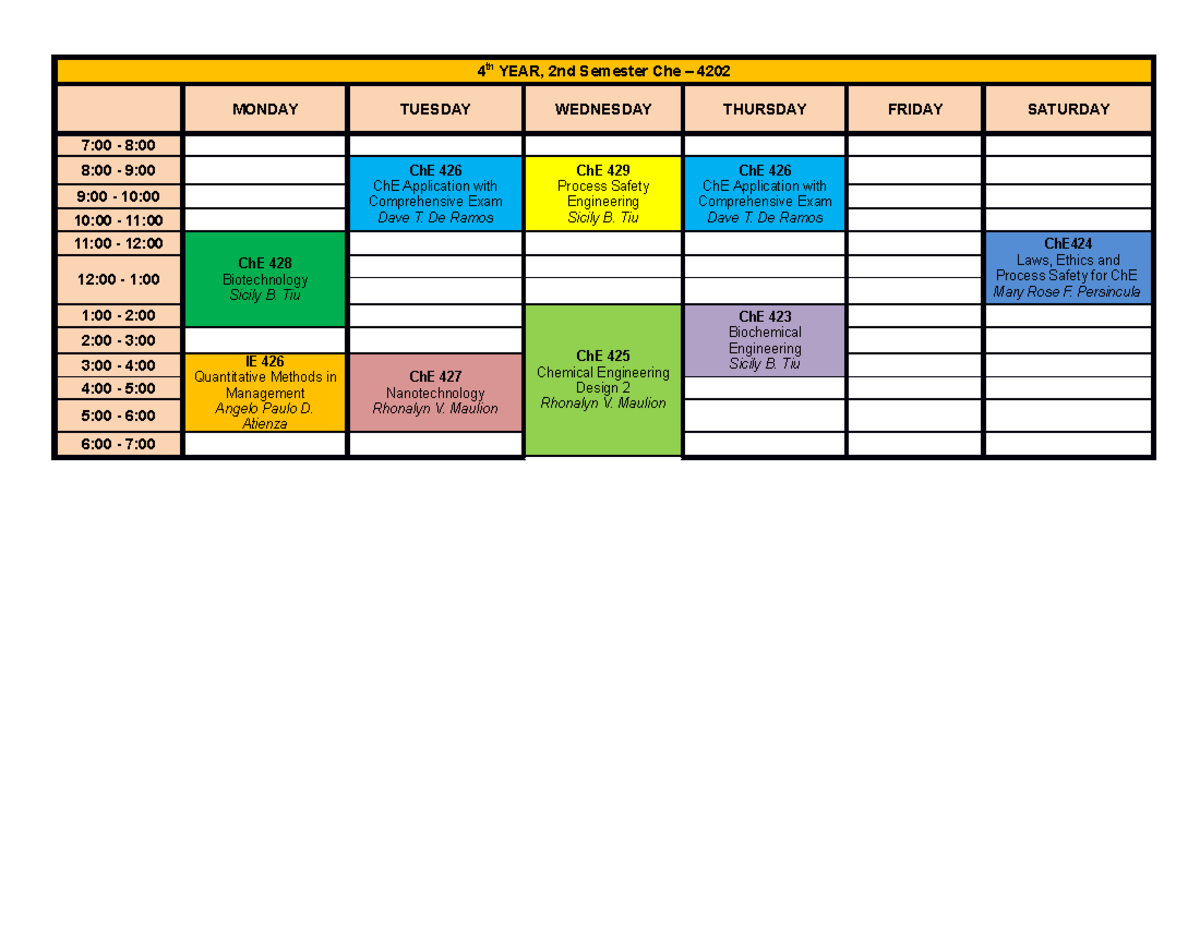 Class Schedule 4th Yr 2nd Sem - 4 th YEAR, 2nd Semester Che – 4202 ...