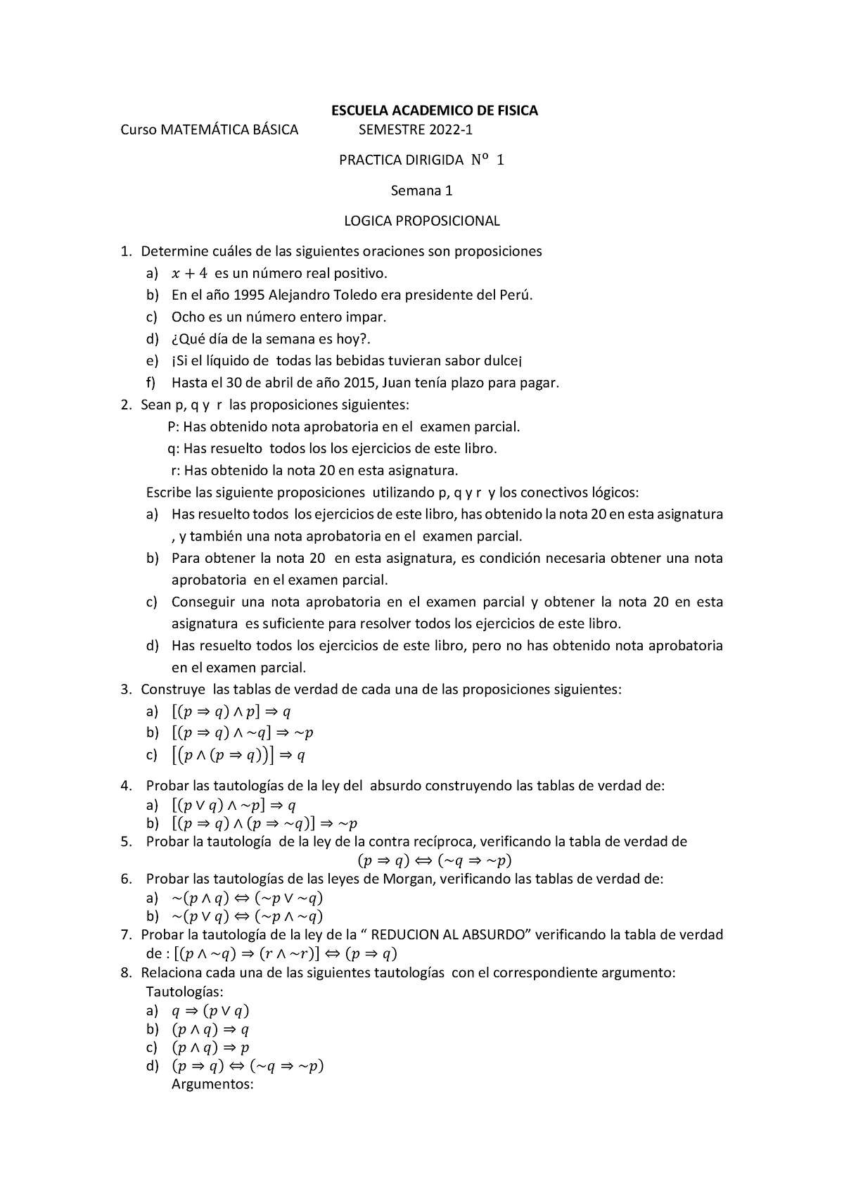 Logica Proposicional - ESCUELA ACADEMICO DE FISICA Curso MATEM¡TICA B ...