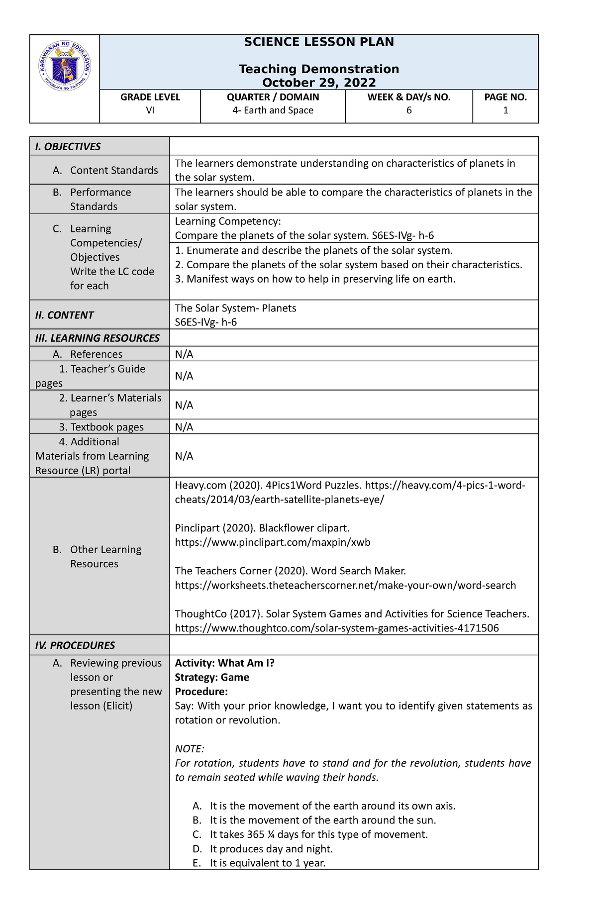 Lesson-Plan Solar-System-2022-2023 - Teaching Demonstration October 29 ...