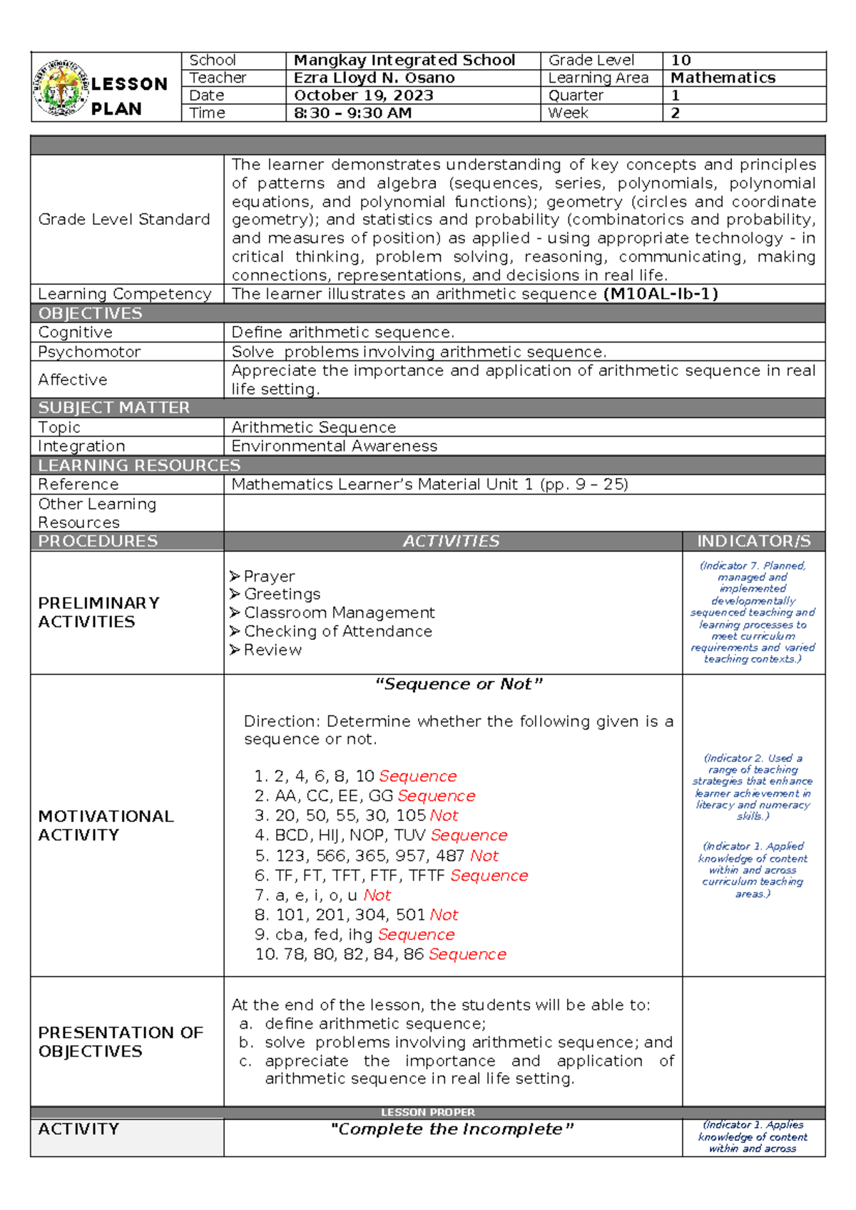 CO1 Arithmetic Sequence - LESSON PLAN School Mangkay Integrated School ...