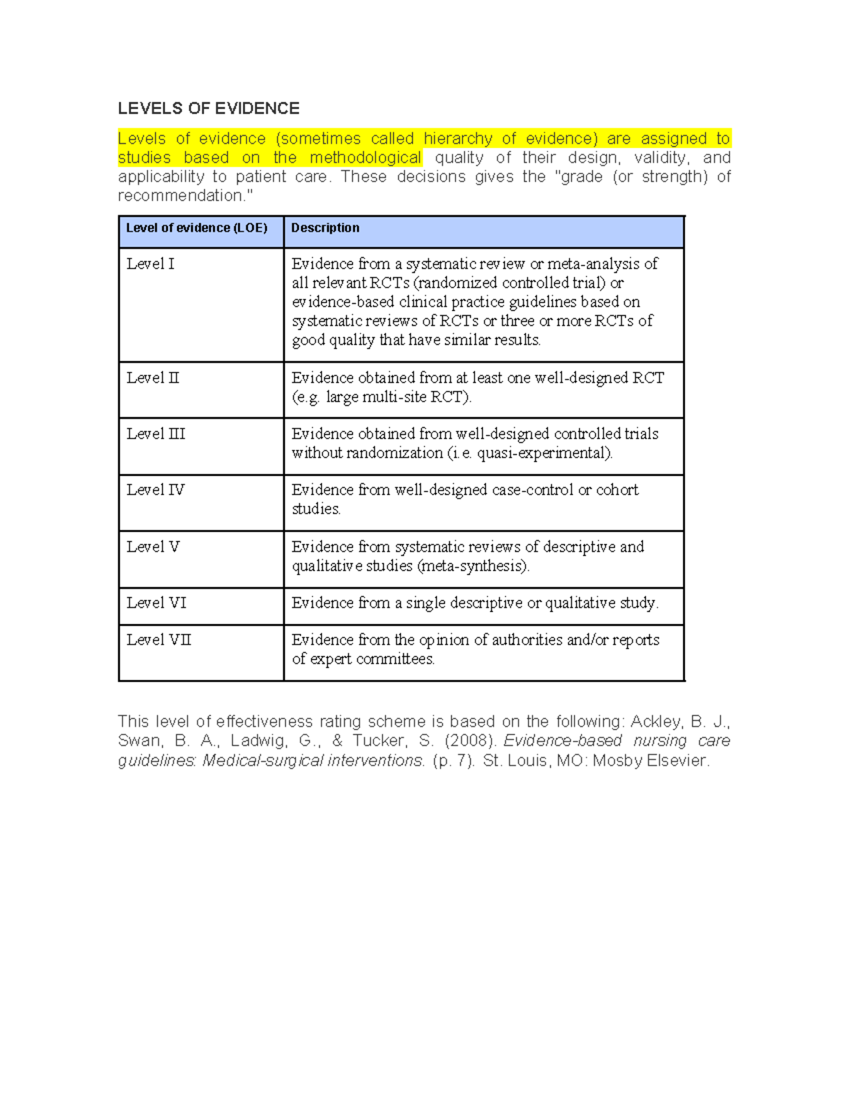 2do estudiar - psicología - LEVELS OF EVIDENCE Levels of evidence ...