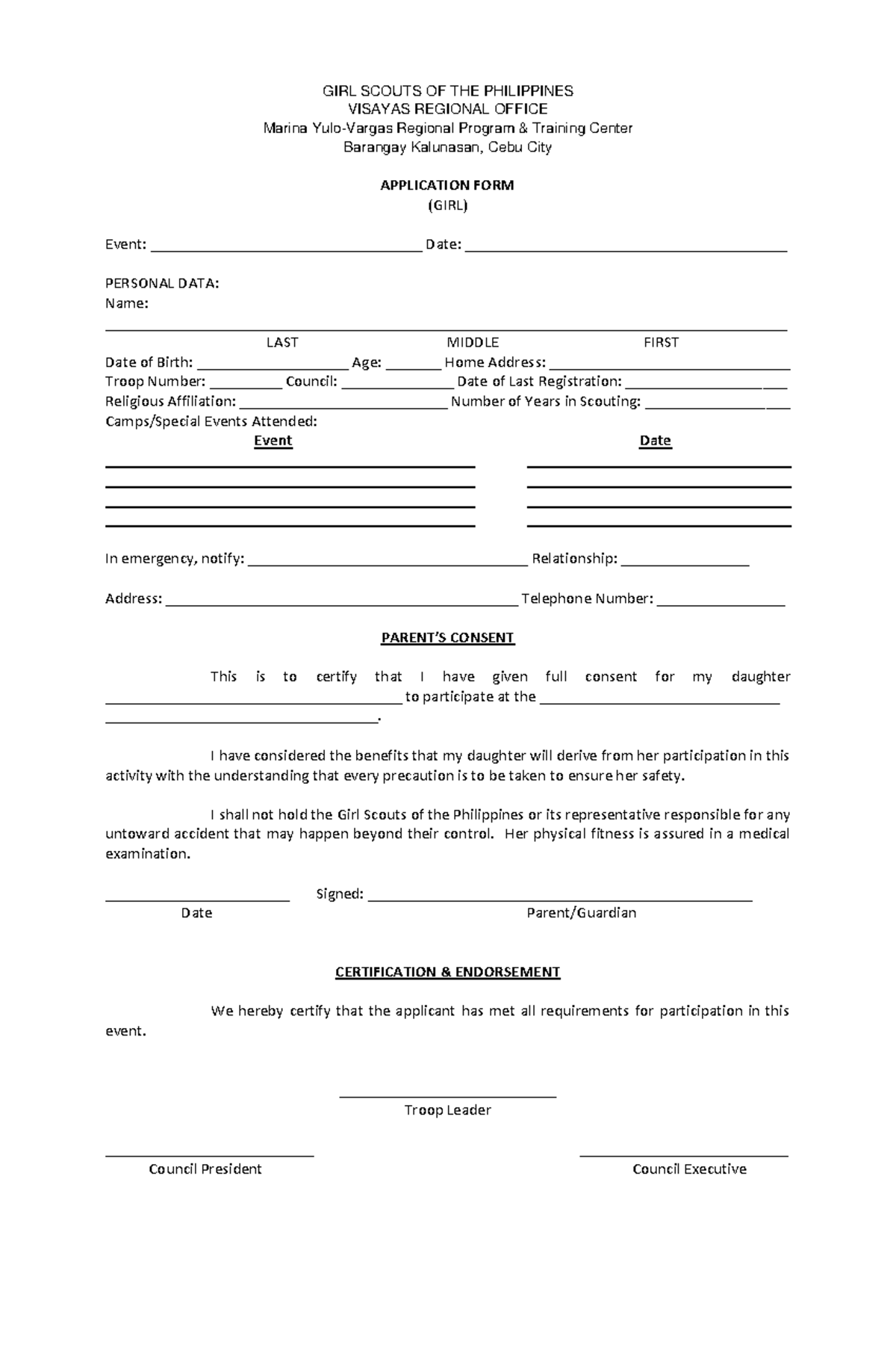 Application-Form parents-consent - APPLICATION FORM (GIRL) Event