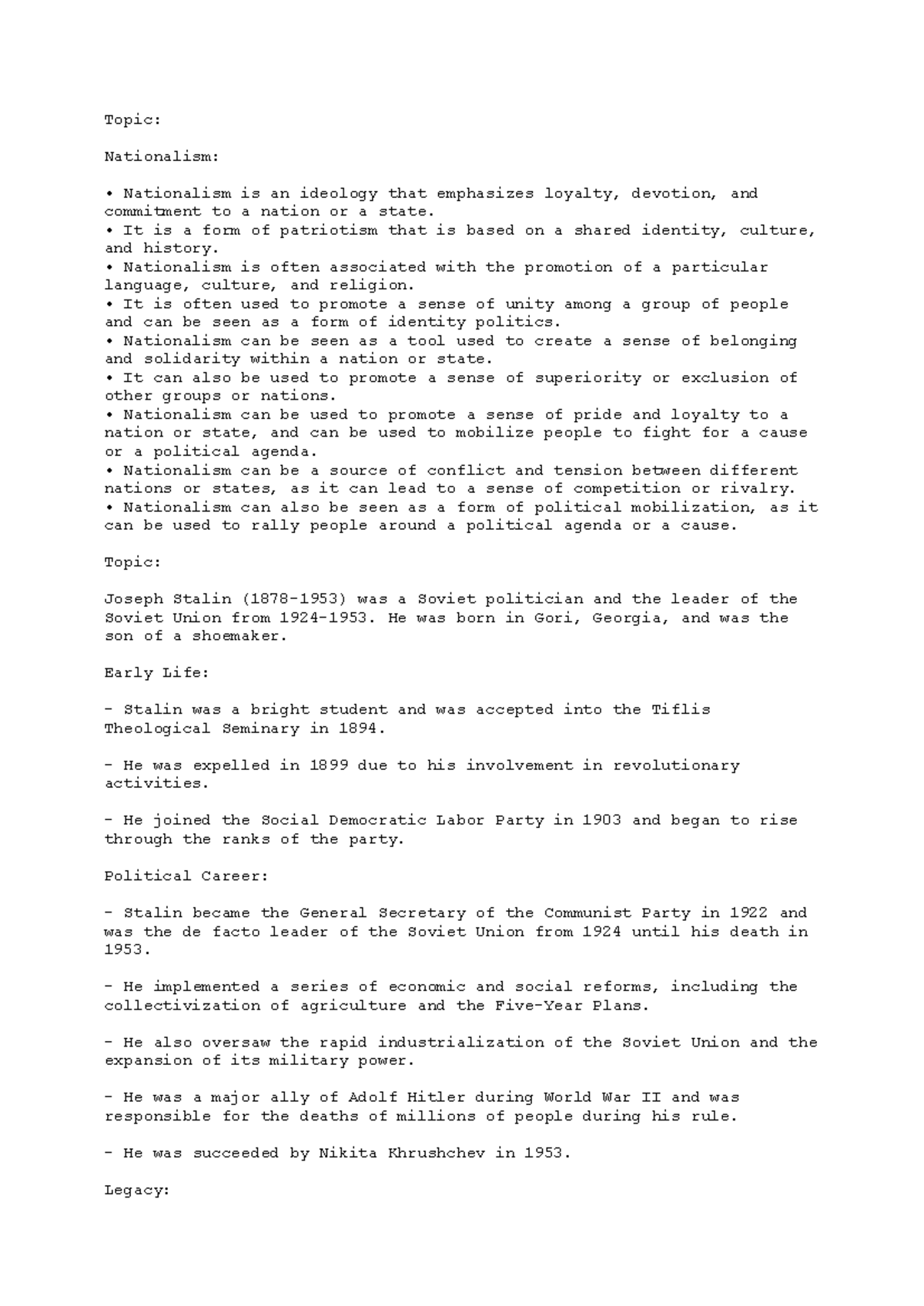 Pols Lect Notes 1 - Topic: Nationalism: Nationalism is an ideology that ...