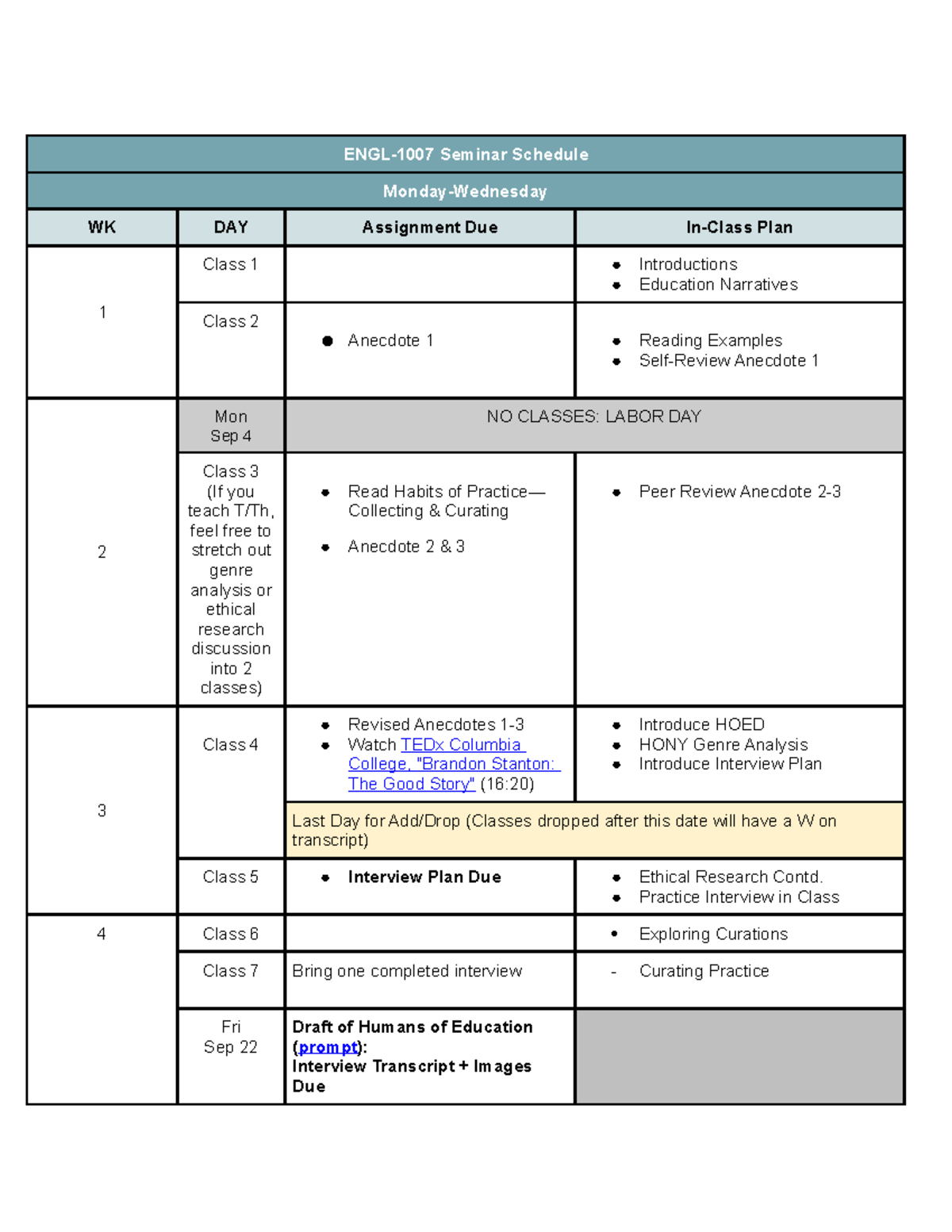 2023 Fall Baseline Schedule 1007 52 - ENGL-1007 Seminar Schedule Monday ...