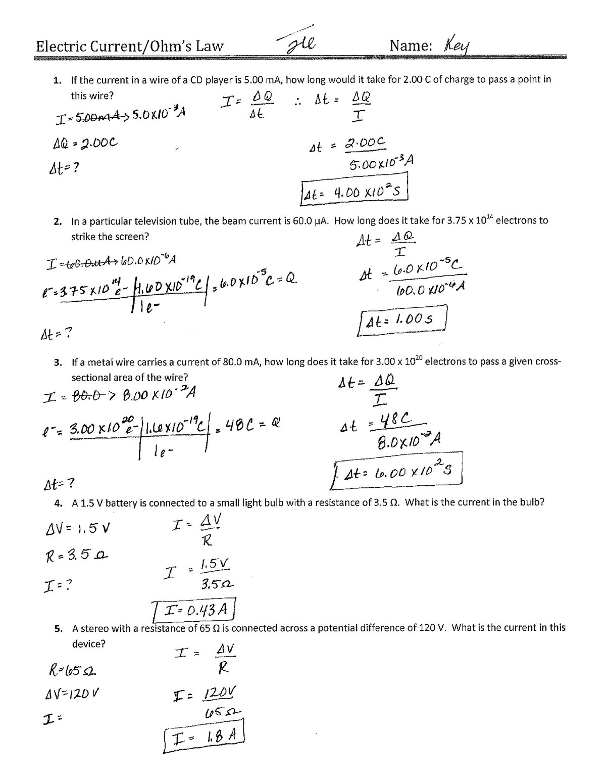 Electric Current and Ohms Law Worksheet Solutions - Studocu