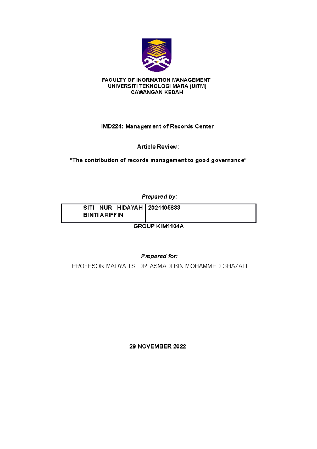 Article Review Assignment 1 Faculty Of Inormation Management Universiti Teknologi Mara Uitm Article Review Assignment 1 Faculty Of Inormation Management Universiti Teknologi Mara Uitm