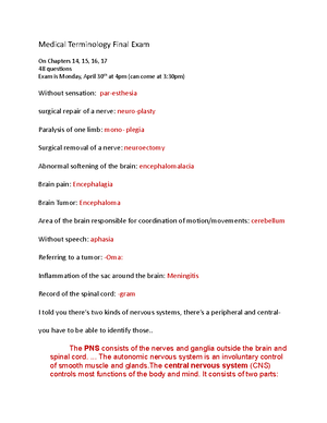 Medical Terminology Final Exam Medical Terminology Final Exam On Chapters 14 15 16 1748 Questions Exam Is Monday April 30th At 4pm Can Come At 30pm Without Studocu