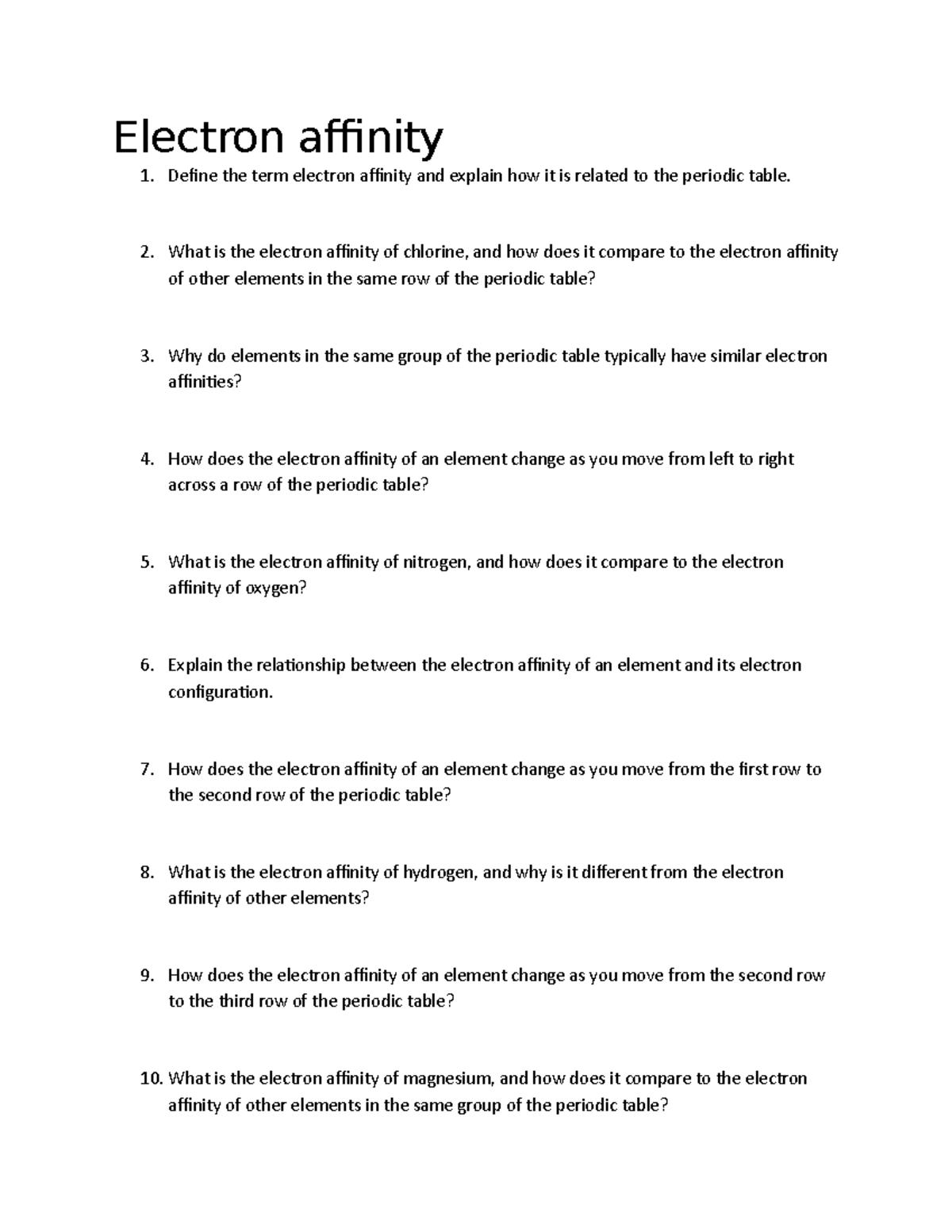 Electron affinityworksheet Electron affinity Define the term