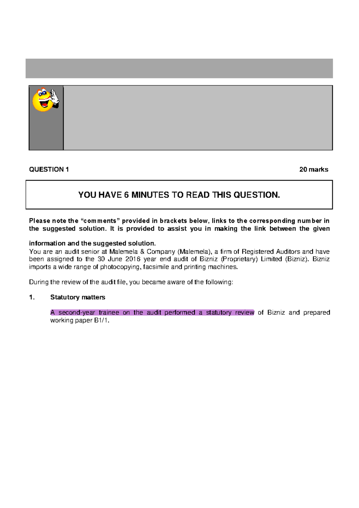 Session 2 question - QUESTION 1 20 marks YOU HAVE 6 MINUTES TO READ ...