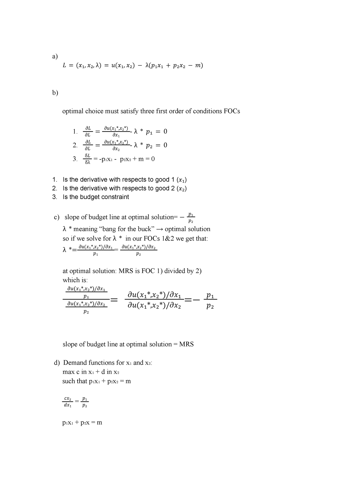 Assignment 1 - a) 𝐿 = (𝑥₁, 𝑥₂, λ) = 𝑢(𝑥₁, 𝑥₂) − λ(𝑝₁𝑥₁ + 𝑝₂𝑥₂ − 𝑚) b ...