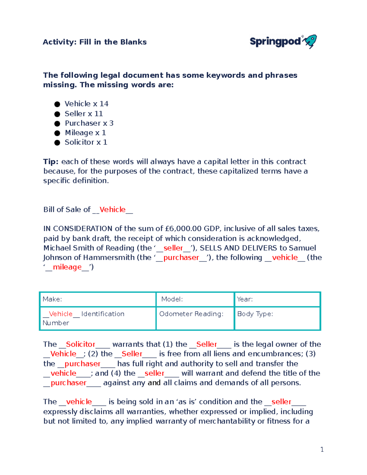 Activity Fillinthe Blanks law Activity Fill in the Blanks The following legal document has