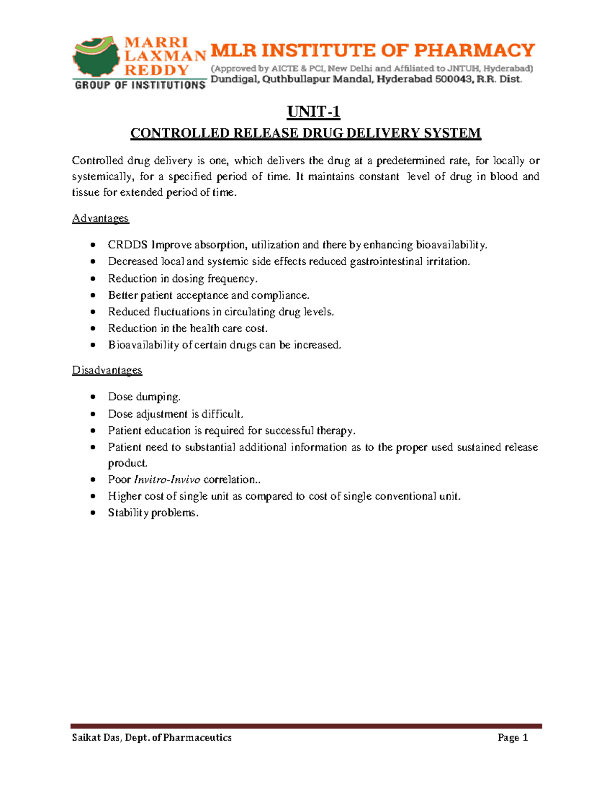 NDDS-class-notes - Ndds notes unit 1 - UNIT- 1 CONTROLLED RELEASE DRUG ...