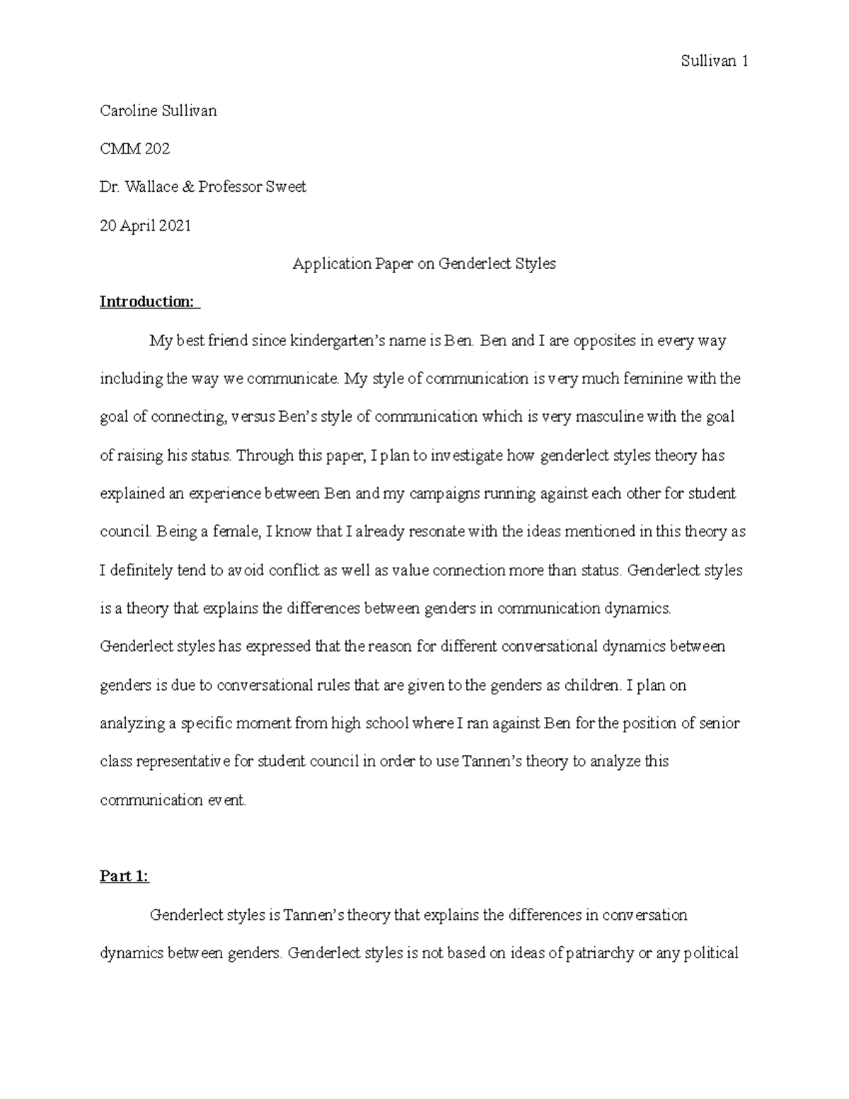 Application Paper on Genderlect Styles - Caroline Sullivan CMM 202 Dr ...