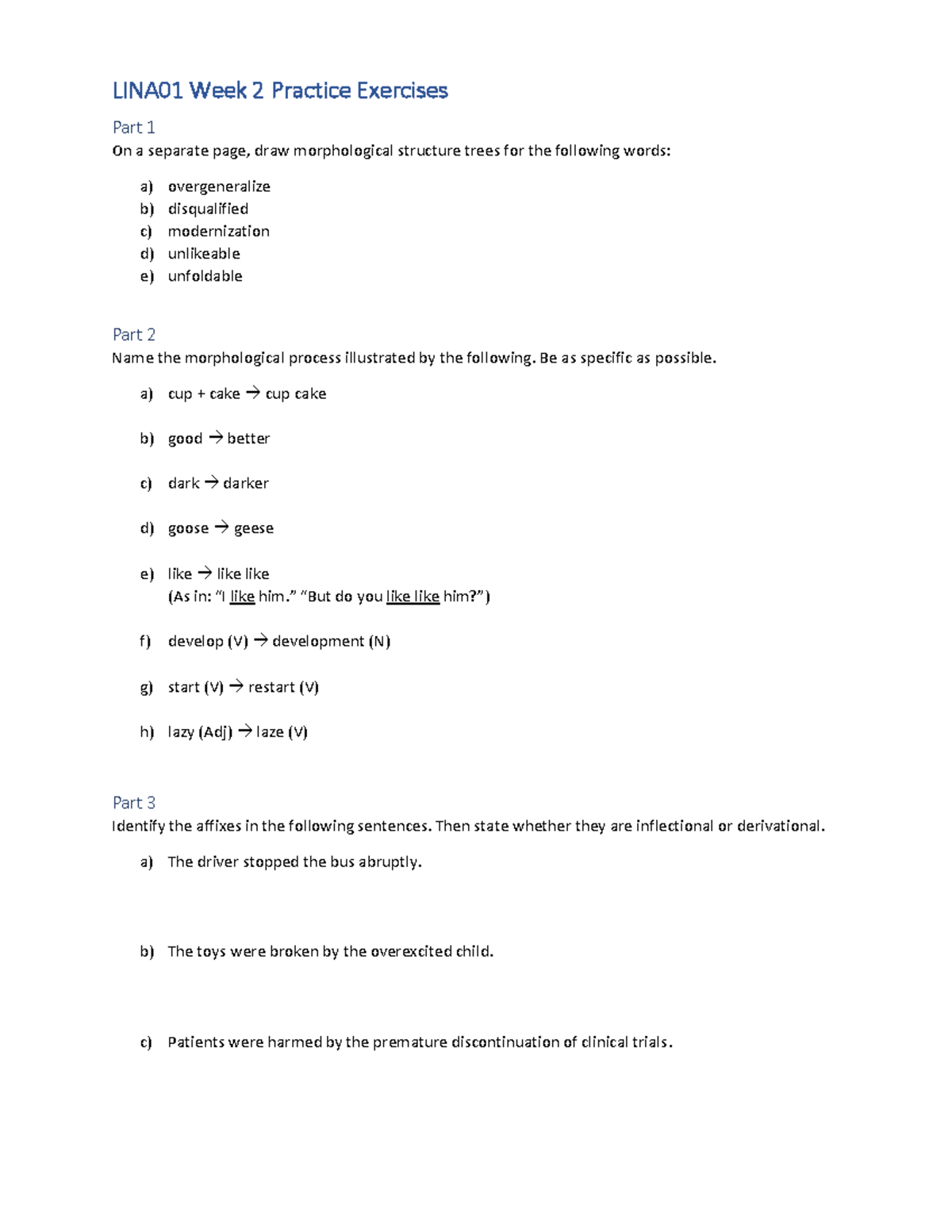 PE3 Morphology II - Notes - LINA01 Week 2 Practice Exercises Part 1 On ...