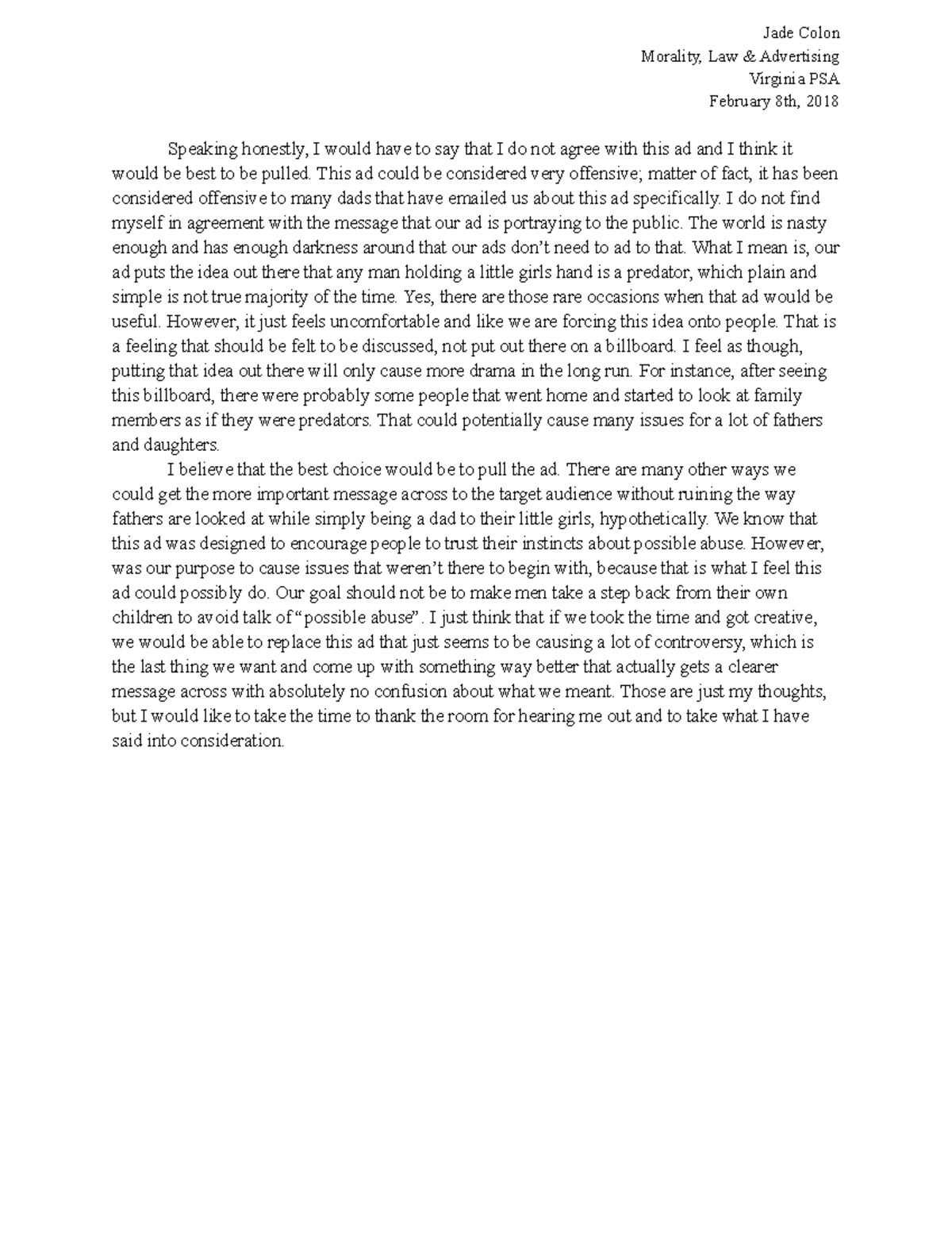 Virginia PSA morality and advertising Jade Colon Morality, Law