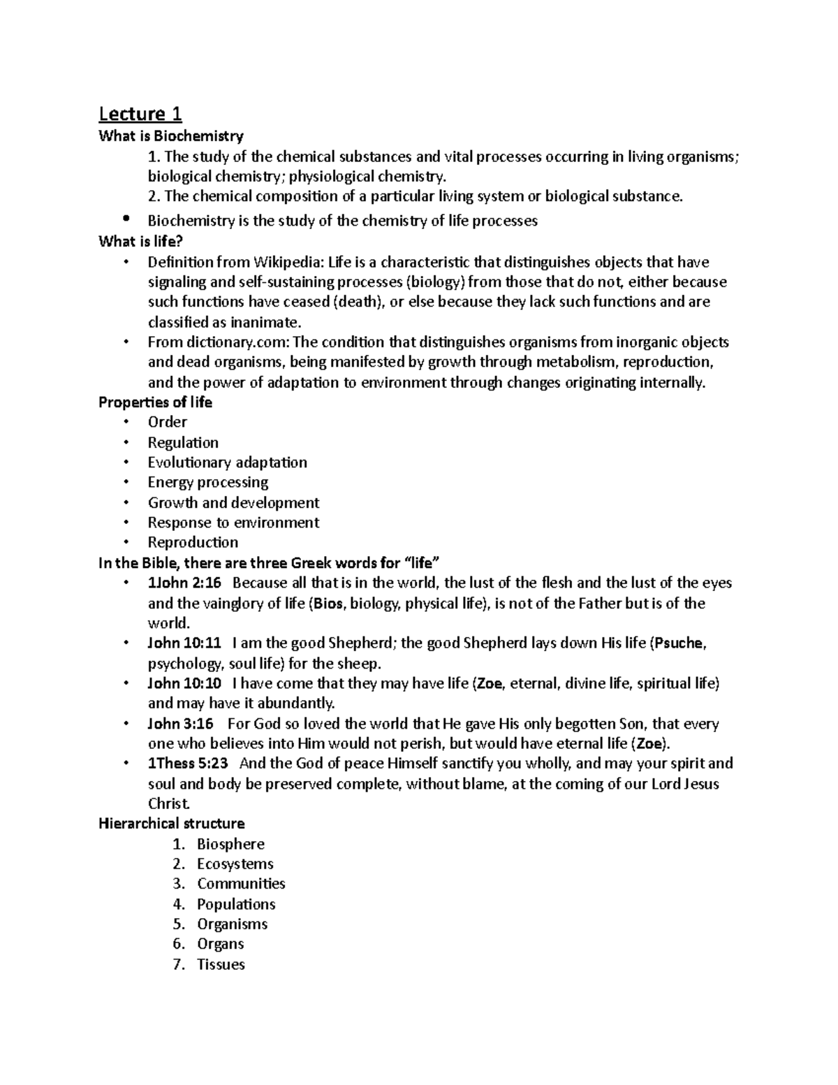 Midterm - Lecture 1 What is Biochemistry 1. The study of the chemical ...