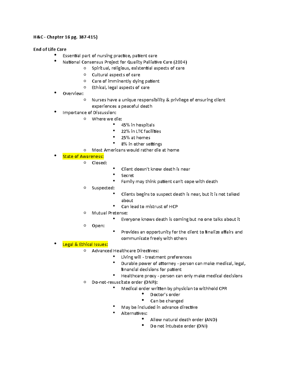 End of Life Care - Exam 4 - H&C - Chapter 16 pg. 387-415) End of Life ...