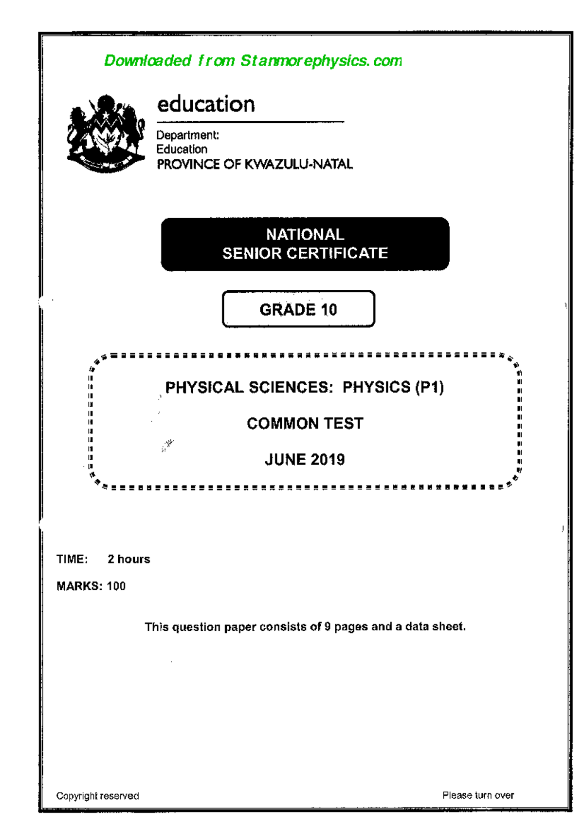 G10 PSC P1 JUn 2019 and Memo - Downloaded from Stanmorephysics ...